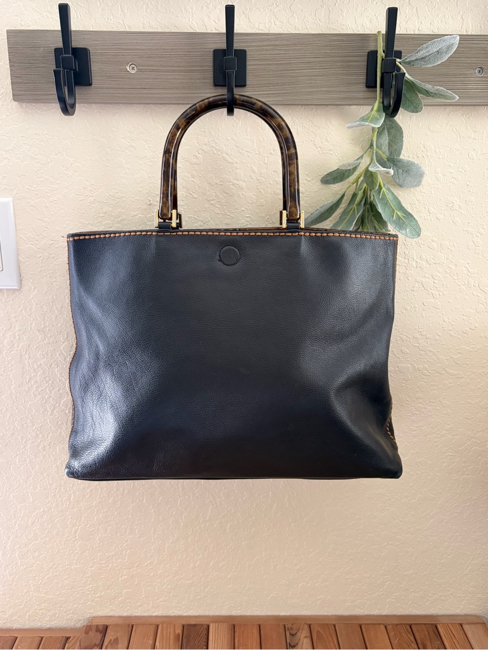 Plinio Visona Black Italian Leather Tote Bag, Tortoise Handles Leopard Interior